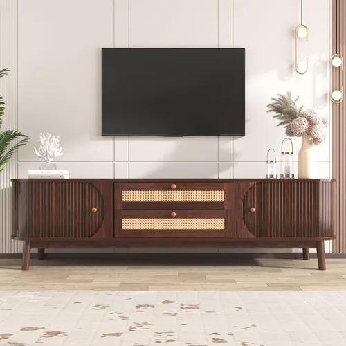 Miniatura 15 de Soporte de TV para TV de 80 pulgadas, centro de entretenimiento moderno de mediados de siglo con cajones de almacenamiento, puertas de tambor y toma