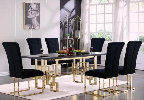 Miniatura 2 de AUZ Juego de 6 sillas de comedor negras y doradas, sillas tapizadas de terciopelo negro con patas de trineo de acero inoxidable pulido, sillas