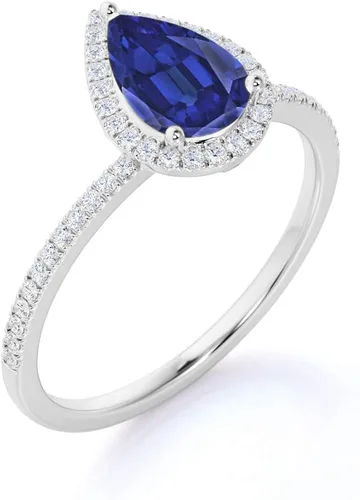 Miniatura 2 de PB Collection Anillo de compromiso de zafiro azul en forma de pera de plata de ley 925, chapado en oro blanco de 14 quilates