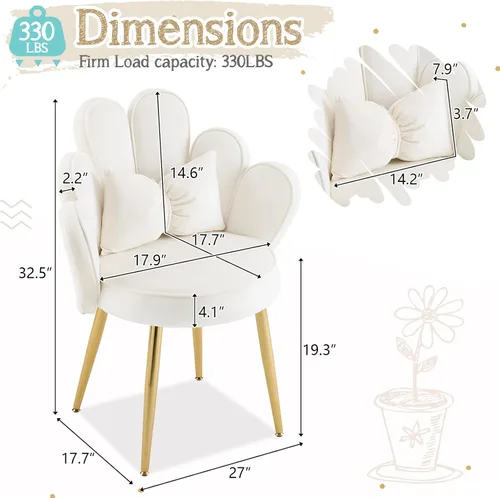 Miniatura 2 de VINGLI Silla de Maquillaje con Pétalos y Respaldo, Silla Linda de Terciopelo para Niñas, Silla de Escritorio Cómoda Sin Ruedas, Silla Moderna