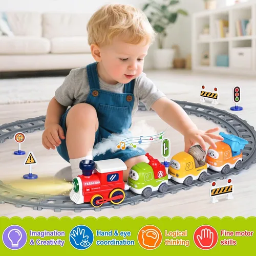 Miniatura 4 de Juego de Tren para Niños Pequeños con Vapor, Sonido y Luces, Juguetes para Niños de 2 a 4 años, Juego de Tren Eléctrico con Pistas y Señales