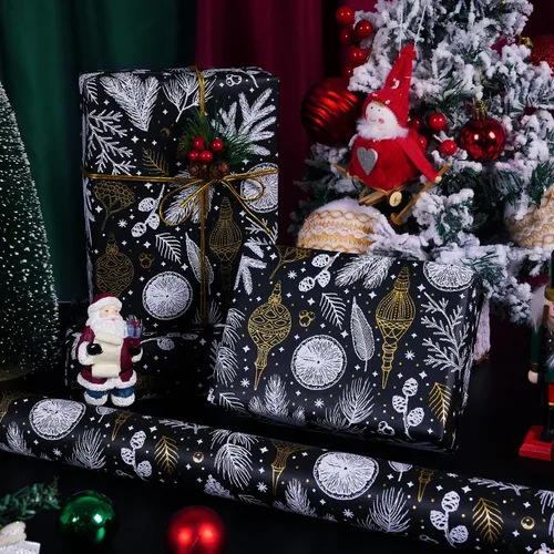 Miniatura 4 de Papel de regalo de Navidad, papel de regalo de Navidad de papel kraft negro y dorado con lámina, rollo jumbo, papel de regalo negro y blanco