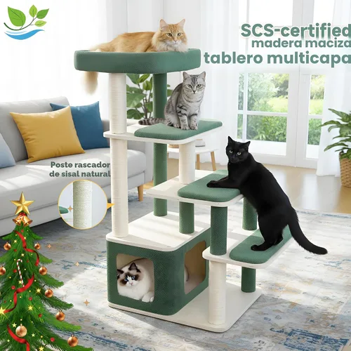 Miniatura 9 de Moderno árbol de madera para gatos grandes – Condominio de madera para gatos de 43.5 pulgadas con postes rascadores de sisal, cojines lavables, gran