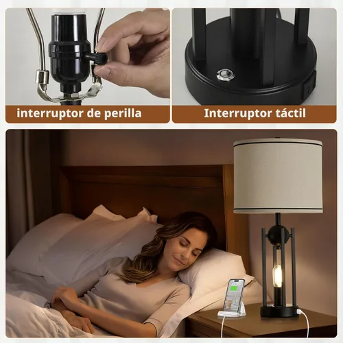 Miniatura 4 de Lámparas de mesa industriales de 25 pulgadas para sala de estar, 1 unidad con puertos USB C+A, lámpara de noche rústica de granja para dormitorio