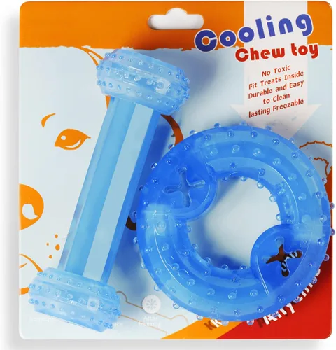 Juguete de dentición congelable para cachorros, 1 anillo de dentición + 1 hueso de dentición congelable para perros juguetes masticables (azul)