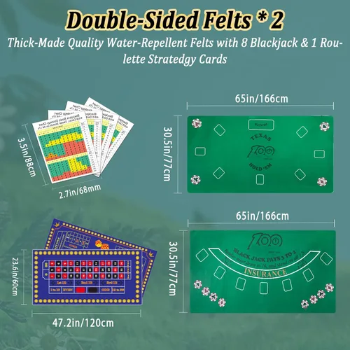 Miniatura 8 de Set de Juego de Casino Premium 5 en 1: Kit de Juego de BlackJack/Ruleta/Dados/Texas Holdem/Póker con 360 Fichas+8 Mazos de Cartas+Rueda de Ruleta+2