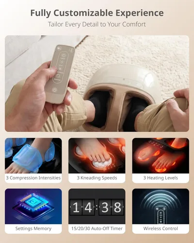 Miniatura 5 de Máquina masajeadora Shiatsu de pies con 3 niveles de calor, masaje profundo, compresión de aire, control remoto para fascitis plantar, neuropatía