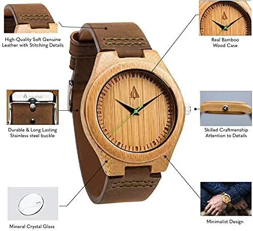 Miniatura 3 de Treehut - Reloj de pulsera analógico para hombres, de madera con correa de piel auténtica, estilo elegante.