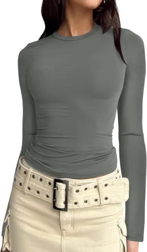 PGANDS Camiseta corta casual de manga larga para mujer, cuello redondo, para otoño, básica, lisa, Y2K, ajustada, tipo túnica