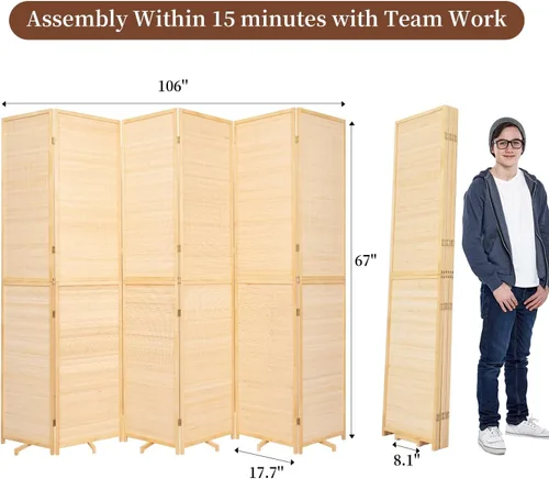 Miniatura 6 de Divisor de pared de bambú de 6 paneles, 106 pulgadas de ancho x 67 pulgadas de alto, diseño plegable con base extra estable, pantalla divisora