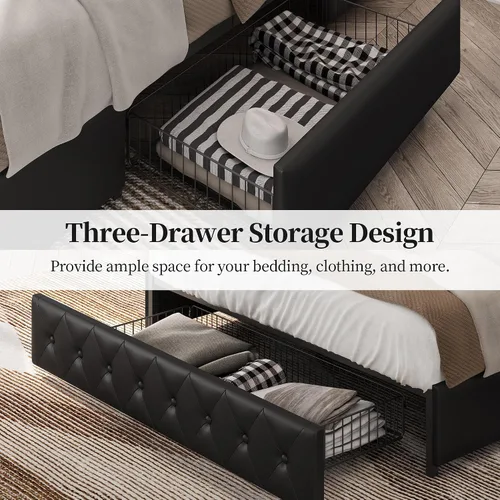 Miniatura 7 de Topeakmart Base de cama de plataforma tapizada tamaño Queen con cabecera ajustable en altura y 3 cajones de almacenamiento, base de colchón de piel