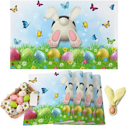 Miniatura 28 de Juego de 4 manteles individuales con diseño floral de conejo de Pascua, manteles individuales lavables para cocina, mesa de comedor, manteles