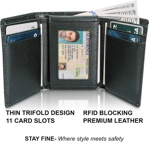 Miniatura 2 de STAY FINE Billetera de cuero RFID triple para hombre con identificación abatible, soporte delgado para tarjetas de capacidad extra, listo