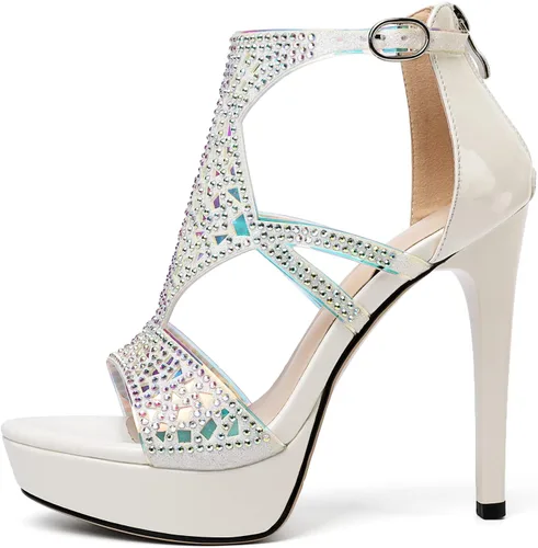 Miniatura 2 de Eldof Sandalias de tacón alto para mujer, sandalias de plataforma con tiras y puntera abierta, tacones de gladiador recortados con piedras