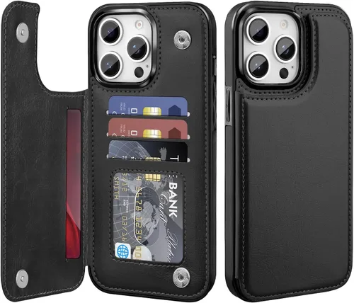 Bizzib Funda Wallt para iPhone 14 Pro Max con tarjetero, piel sintética de alta calidad con soporte plegable, ranuras para tarjetas, protección