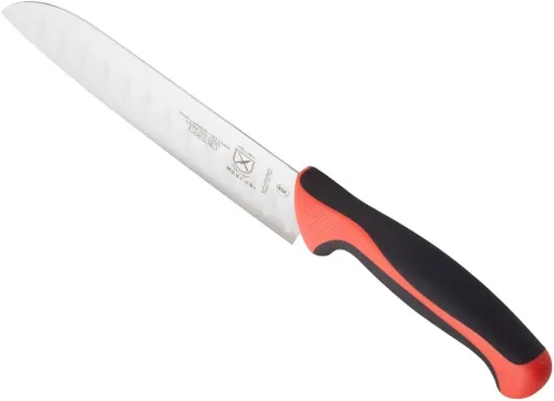 Miniatura 5 de Mercer Culinary Millennia Colors - Cuchillo Santoku, borde Granton de 7 pulgadas, color rojo