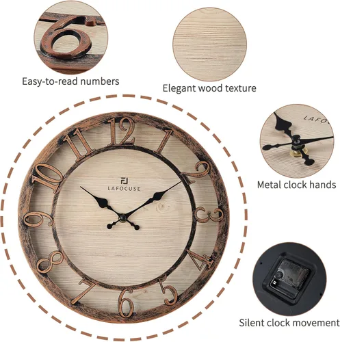 Miniatura 5 de Lafocuse Relojes de pared silenciosos de 12 pulgadas en color marrón, relojes de pared de granja operados con pilas, analógicos para cocina y sala