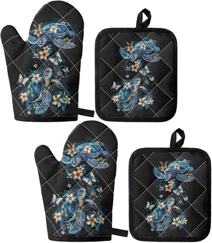 Miniatura 11 de UNICEU Juego de 4 manoplas de horno personalizadas y soportes para ollas, decoración de cocina, guantes protectores personalizados para hornear