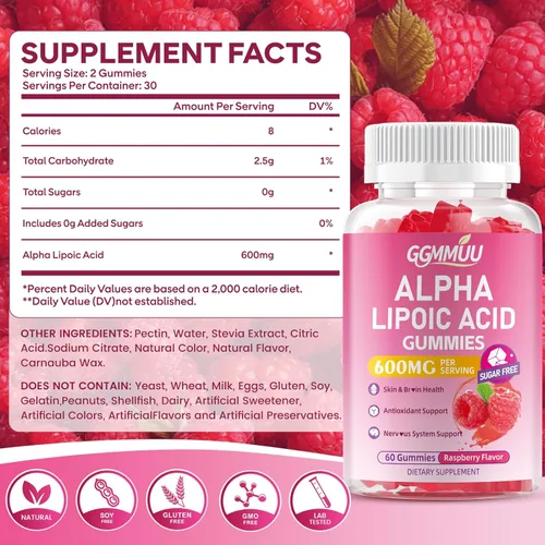 Miniatura 2 de Paquete de 2 gomitas de ácido alfa lipoico de 600 mg, suplemento de ALA masticable de alta absorción para antioxidantes, salud cerebral y apoyo