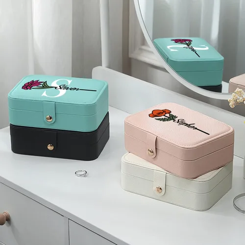 Miniatura 2 de Caja organizadora de joyas de viaje pequeña personalizada para niñas y mujeres caja de joyería portátil con nombre personalizado flor de nacimiento