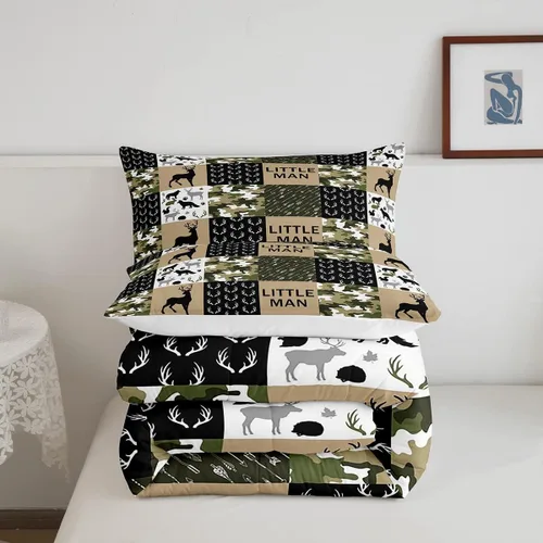 Miniatura 184 de Juego de edredón de cuernos de ciervo tamaño individual, juego de ropa de cama rústica de granja con huellas de oso y pinos para decoración
