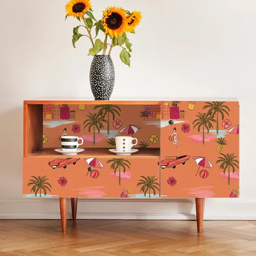 Miniatura 7 de VEELIKE Orange Island - Papel tapiz autoadhesivo para despegar y pegar, dibujado a mano, palmeras de playa de verano, papel tapiz extraíble, 17.7 x