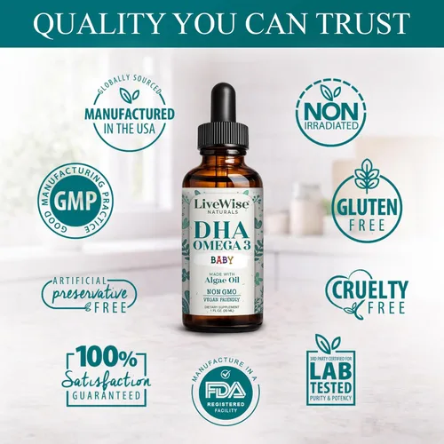 Miniatura 6 de LiveWise Naturals Omega 3 DHA Baby Drops - Omega 3 líquido vegano para bebés o bebés de hasta 2 años - Suplemento esencial de DHA para el cerebro