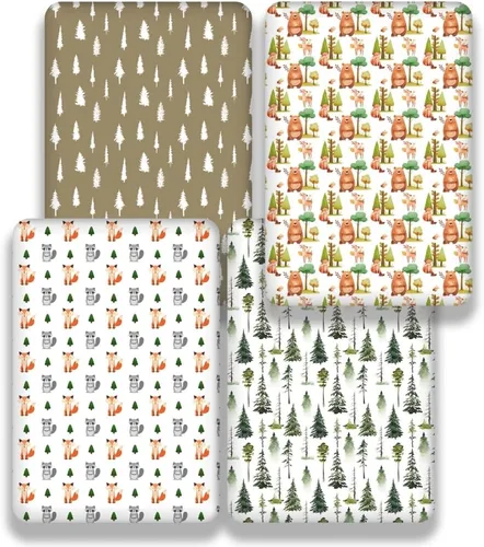 Miniatura 3 de 4 paquete de sábanas ajustadas para cuna con animales del bosque de madera en tonos neutros, unisex, para bebés niños o niñas, en negro y blanco