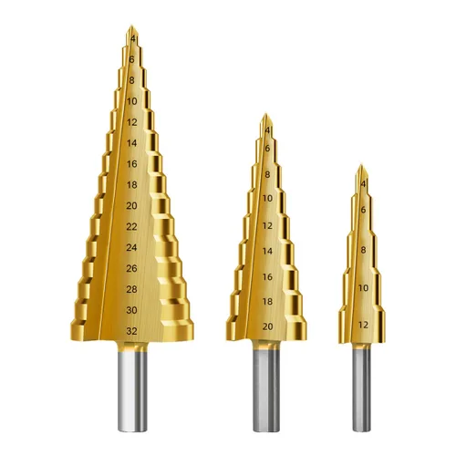 Miniatura 9 de HUHAO Juego de brocas escalonadas, 3 brocas de acero de alta velocidad ranuradas en espiral para chapa de aluminio, metal, madera, perforación