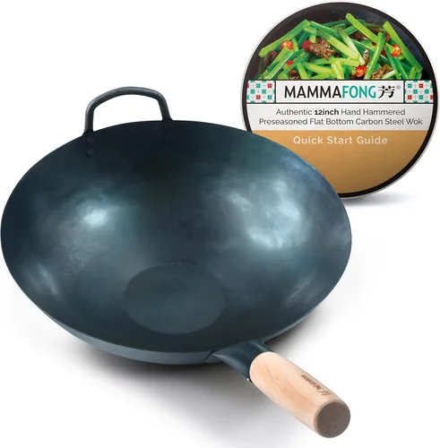 Mammafong Wok de acero al carbono de fondo plano presazonado (Pow Wok de fondo plano presazonado de 12 pulgadas)