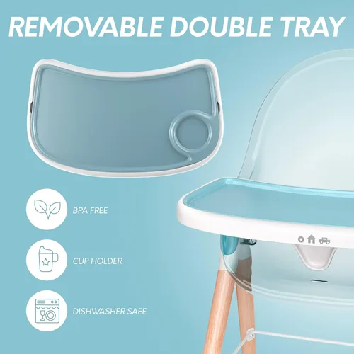 Miniatura 6 de Silla alta de madera de lujo 6 en 1 para bebés y niños pequeños, moderna, segura y compacta, fácil de limpiar y montar, bandeja extraíble, 6 Azul