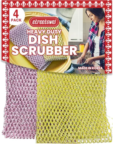 Limpiador de platos resistente (4 piezas) almohadillas de tela antiarañazos y limpiadores de ollas con red – Reemplazar esponjas de cocina para