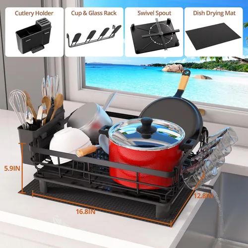 Miniatura 3 de Godboat Escurridor de platos, escurridor de platos con drenaje automático y alfombra, escurridor de platos para encimera de cocina, organizador