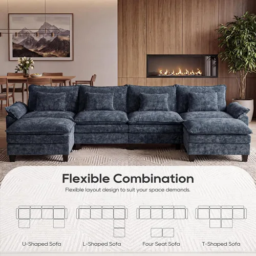 Miniatura 4 de URRED Cloud Couch Sofá Seccional Modular, Sofá Moderno en Forma de U de Asiento Profundo de 157", con 2 Otomanas y Almohadas, Sofás de Chenilla Azul