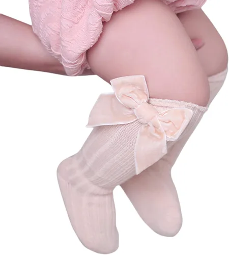 Miniatura 4 de Kayotuas Calcetines altos hasta la rodilla con lazos, calcetines de uniforme con volantes de tubo largo, calcetines de punto acanalado para bebés