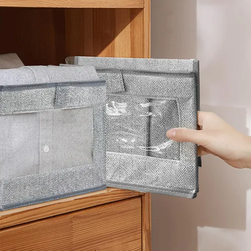 Miniatura 6 de 6 contenedores de almacenamiento de lino con ventana transparente, cesta para estantes, organizador de ropa, contenedores de almacenamiento