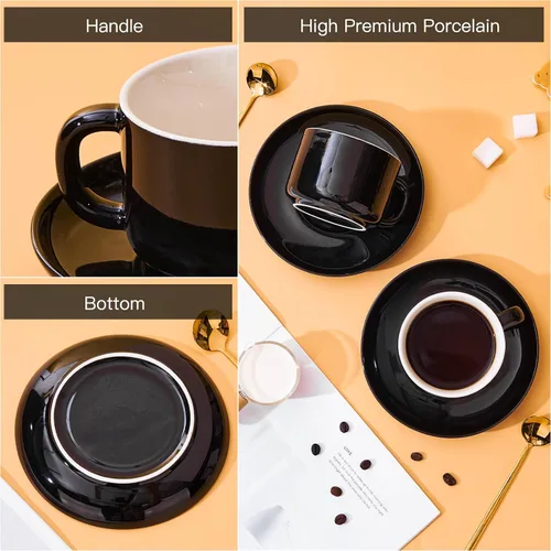 Miniatura 5 de Juego de 4 tazas de capuchino de 8 onzas, tazas de té con platillos y cucharas, tazas de té de cerámica negra, tazas de café para té, capuchino