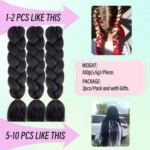 Miniatura 3 de Cabello trenzado de fibra sintética, tamaño jumbo, extensiones de cabello Kanekalon suave, color negro, (24 pulgadas, 3 piezas)