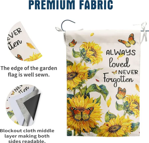 Miniatura 2 de Always Loved Never Forgotten - Bandera de jardín conmemorativa de 12 x 18 pulgadas, bandera de girasol de doble cara para patio, bandera de mariposa