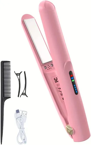 Alisador y rizador de pelo inalámbrico 2 en 1, plancha plana de cerámica, mini inalámbrico, portátil, herramientas calientes de viaje, rizado recto