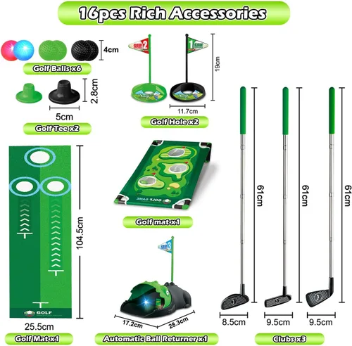 Miniatura 7 de TERRAMUS Juego de golf 3 en 1 para niños con devuelvedor automático de dinosaurio, tablero de Cornhole de golf, bolas con luz LED, alfombra de putt