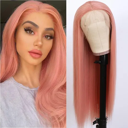 Miniatura 17 de Missyvan Pelucas de encaje frontal de cabello largo y lacio, color marrón natural, sin pegamento, castaño y rubio, pelucas sintéticas con encaje