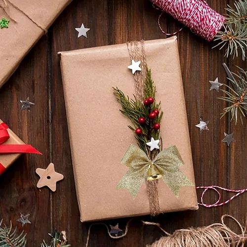 Miniatura 4 de Meseey 12 piezas de lazos de Navidad con campana, lazos de 4 pulgadas de oro metálico con purpurina para regalos, lazos prehechos con lazo
