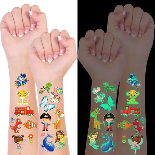 Miniatura 2 de Habett Tatuajes temporales luminosos para niños, más de 200 estilos mixtos de tatuajes temporales, juego de calcomanías para niñas y niños