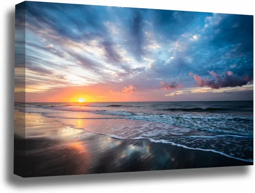 Coastal Canvas Wall Art (Ready to Hang) Gallery Wrap of Scenic Sunrise Over Ocean at Hilton Head Island South Carolina Beach Photography Atlantic