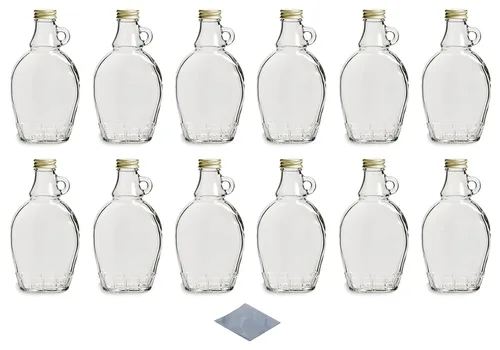 North Mountain Supply Botellas de vidrio de jarabe de arce de 8 onzas con asa de bucle, tapas de metal dorado y bandas retráctiles, caja de 12