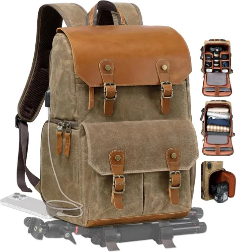Miniatura 13 de Mochila para cámara Padwa Lifestyle - Bolsa de cámara de lona de memoria encerada resistente al clima para fotógrafos, Café