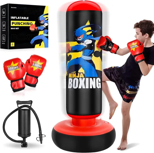 Saco de boxeo para niños, juego de boxeo para niños con guantes de boxeo, saco de boxeo inflable grande de 66", regalos para niños y niñas de 5 a 12
