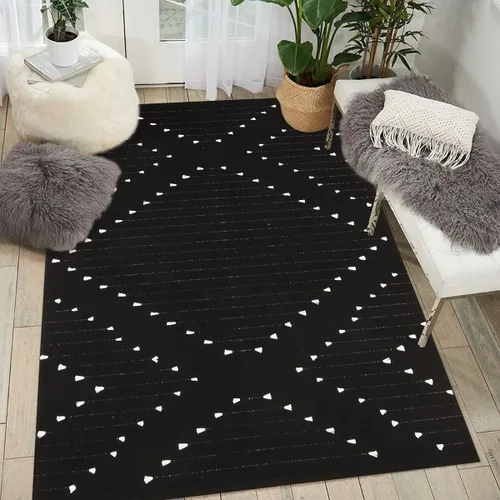 LIVEBOX - Alfombra boho negra de 5 x 7 pies, grande y lavable para sala de estar, alfombra de algodón marroquí para dormitorio, interior y exterior,