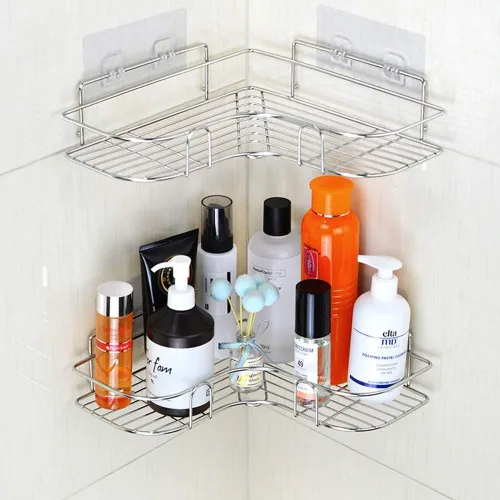 Miniatura 4 de Paquete de 2 organizadores de ducha esquineros, estante adhesivo de baño montado en la pared, estante de baño de acero inoxidable, organizador